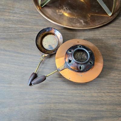 Copper fondu pot with forks a "Le Saucier" copper sauce pot with copper toned tray and mug