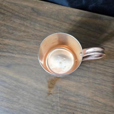 Copper fondu pot with forks a "Le Saucier" copper sauce pot with copper toned tray and mug