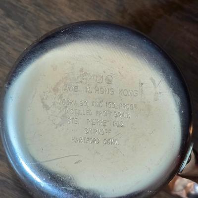 Copper fondu pot with forks a "Le Saucier" copper sauce pot with copper toned tray and mug