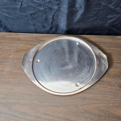 Copper fondu pot with forks a "Le Saucier" copper sauce pot with copper toned tray and mug