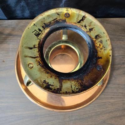 Copper fondu pot with forks a "Le Saucier" copper sauce pot with copper toned tray and mug