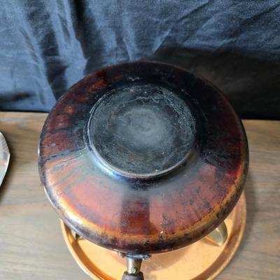 Copper fondu pot with forks a "Le Saucier" copper sauce pot with copper toned tray and mug