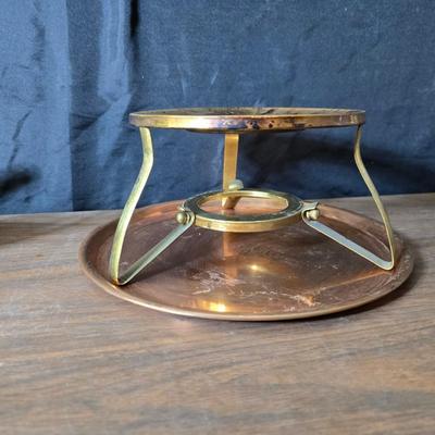 Copper fondu pot with forks a "Le Saucier" copper sauce pot with copper toned tray and mug