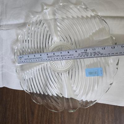 Pressed glass collection of bowls, platters, and candlesticks