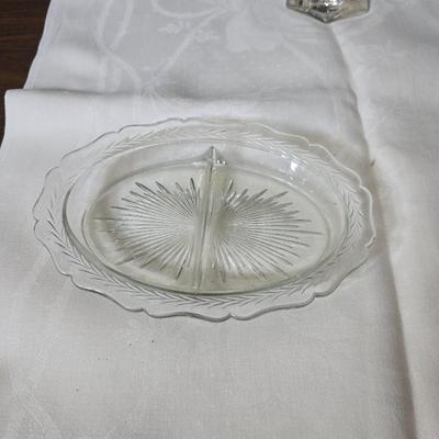 Pressed glass collection of bowls, platters, and candlesticks