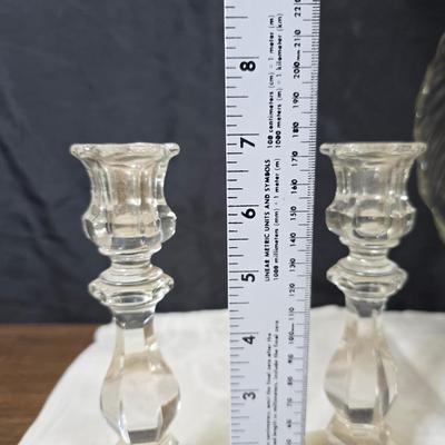 Pressed glass collection of bowls, platters, and candlesticks