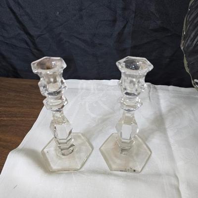 Pressed glass collection of bowls, platters, and candlesticks