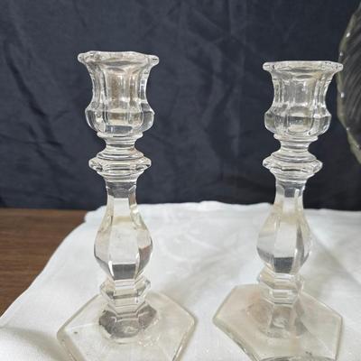 Pressed glass collection of bowls, platters, and candlesticks