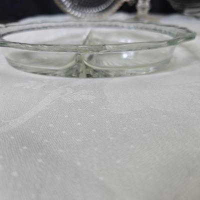 Pressed glass collection of bowls, platters, and candlesticks