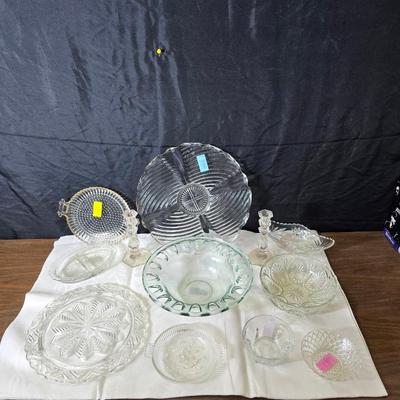 Pressed glass collection of bowls, platters, and candlesticks