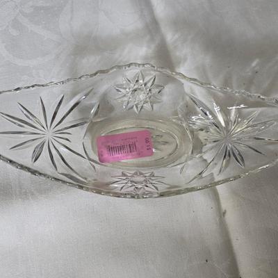 Pressed glass collection of bowls, platters, and candlesticks