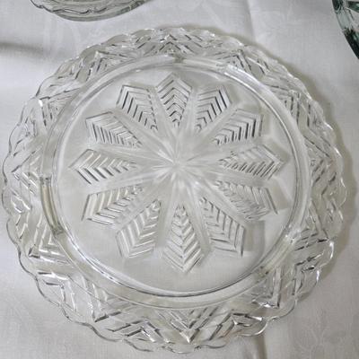 Pressed glass collection of bowls, platters, and candlesticks