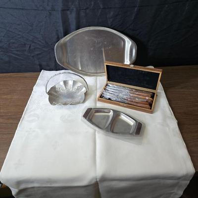 Metalware - trays, basket and divided dish with a collection of new Stainless JAPAN STEAK KNIVES