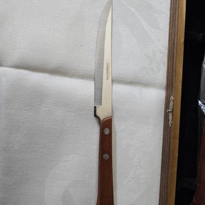 Metalware - trays, basket and divided dish with a collection of new Stainless JAPAN STEAK KNIVES