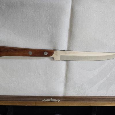 Metalware - trays, basket and divided dish with a collection of new Stainless JAPAN STEAK KNIVES