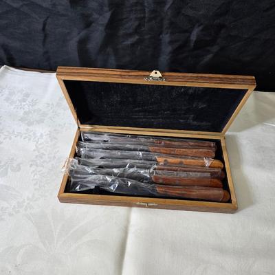 Metalware - trays, basket and divided dish with a collection of new Stainless JAPAN STEAK KNIVES