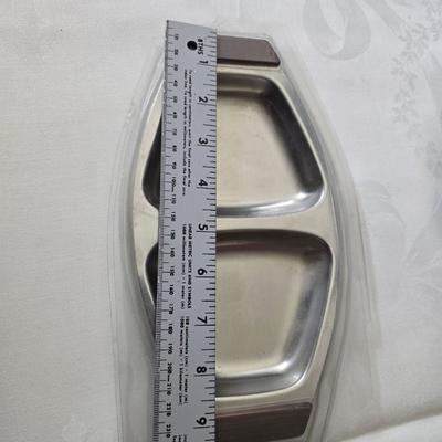 Metalware - trays, basket and divided dish with a collection of new Stainless JAPAN STEAK KNIVES