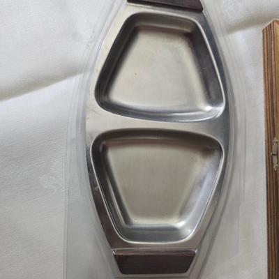 Metalware - trays, basket and divided dish with a collection of new Stainless JAPAN STEAK KNIVES