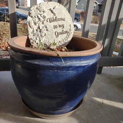 BLUE FLOWER POT, WELCOME TO MY GARDEN STONE