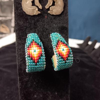 NATIVE AMERICAN CRAFTED STERLING COYOTE EARRINGS AND BEADED PIERCED EARRINGS