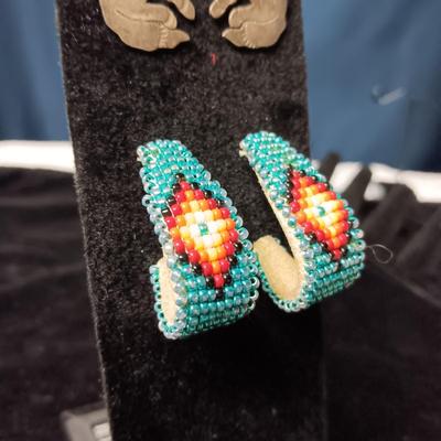 NATIVE AMERICAN CRAFTED STERLING COYOTE EARRINGS AND BEADED PIERCED EARRINGS