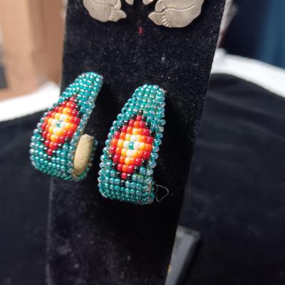 NATIVE AMERICAN CRAFTED STERLING COYOTE EARRINGS AND BEADED PIERCED EARRINGS