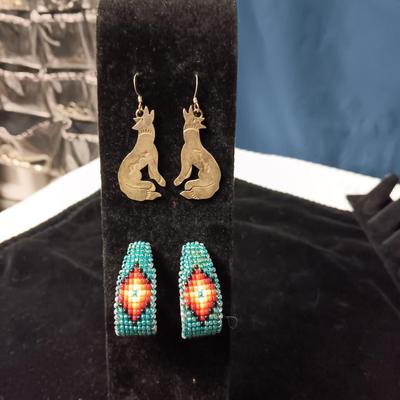 NATIVE AMERICAN CRAFTED STERLING COYOTE EARRINGS AND BEADED PIERCED EARRINGS