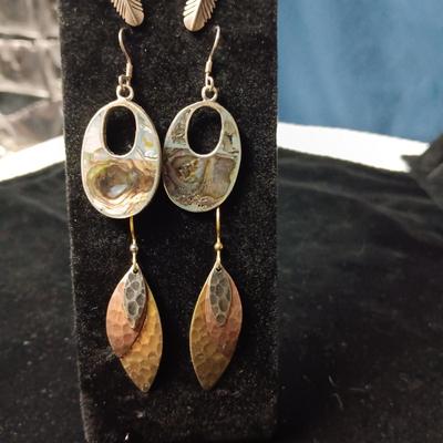 NATIVE AMERICAN STERLING FEATHER EARRINGS ABALONE AND METAL LEAF EARRINGS