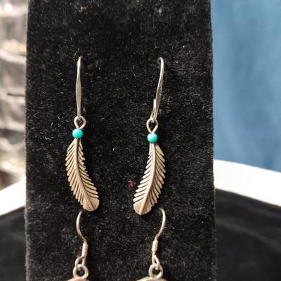NATIVE AMERICAN STERLING FEATHER EARRINGS ABALONE AND METAL LEAF EARRINGS
