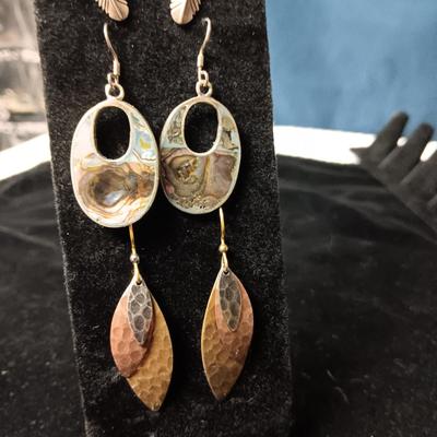 NATIVE AMERICAN STERLING FEATHER EARRINGS ABALONE AND METAL LEAF EARRINGS