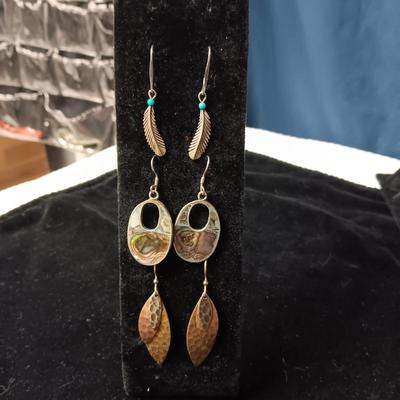 NATIVE AMERICAN STERLING FEATHER EARRINGS ABALONE AND METAL LEAF EARRINGS