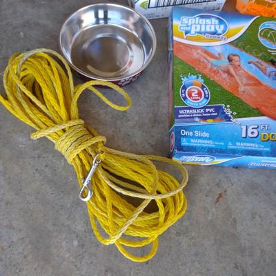 SPLASH AND PLAY SLIDE, BUBBLES, FRUIT ROLL-UPS AND LEASH