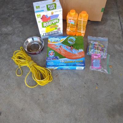SPLASH AND PLAY SLIDE, BUBBLES, FRUIT ROLL-UPS AND LEASH