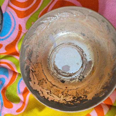 Fire king orange lusterware with a fun & funky vintage tablecloth