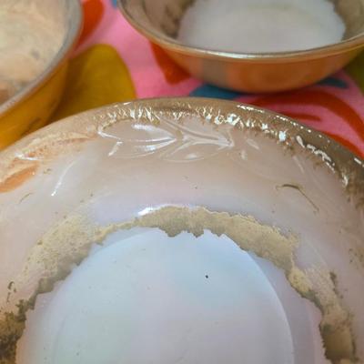 Fire king orange lusterware with a fun & funky vintage tablecloth