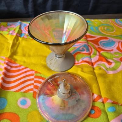 Fire king orange lusterware with a fun & funky vintage tablecloth