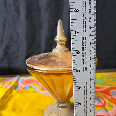 Fire king orange lusterware with a fun & funky vintage tablecloth