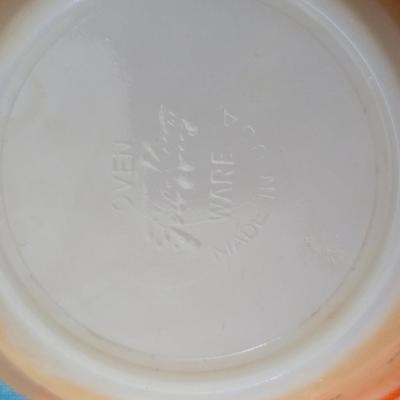 Fire king orange lusterware with a fun & funky vintage tablecloth