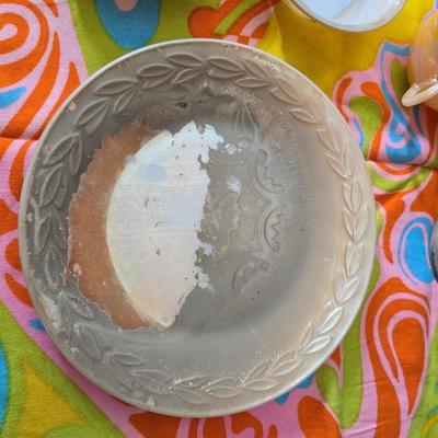 Fire king orange lusterware with a fun & funky vintage tablecloth