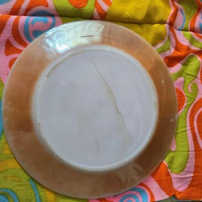 Fire king orange lusterware with a fun & funky vintage tablecloth