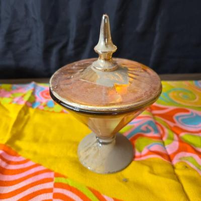 Fire king orange lusterware with a fun & funky vintage tablecloth