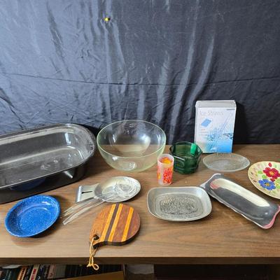 Assorted kitchen items - new ice straw maker - metal & glass dishware - roasting pan and more