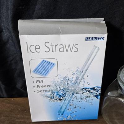 Assorted kitchen items - new ice straw maker - metal & glass dishware - roasting pan and more