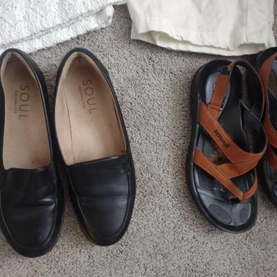 TWO WHITE DRESS PANTS, SANDALS, HOUSE SHOES.