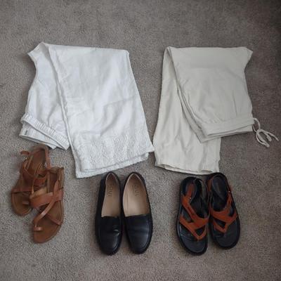 TWO WHITE DRESS PANTS, SANDALS, HOUSE SHOES.