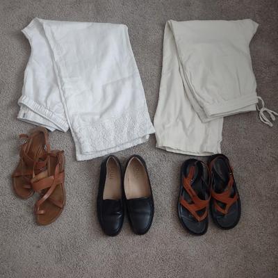 TWO WHITE DRESS PANTS, SANDALS, HOUSE SHOES.