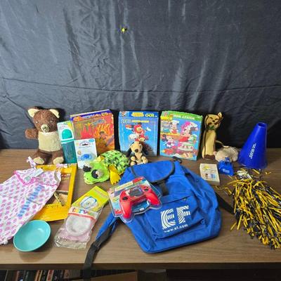 Children toys - New auto racing game - bottle - pacifier - assortment of vintage plush animals - backpack - puzzles- sports fan items and...