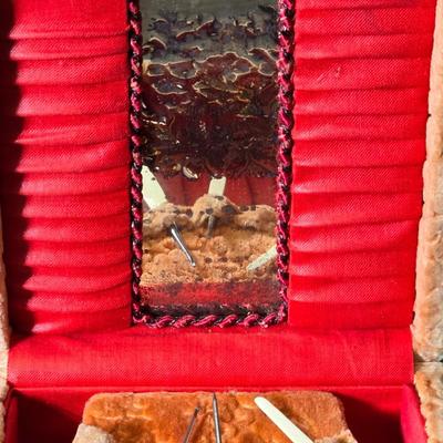 Small trinkets & collectibles - Brooch pin - vintage box with tools - necklaces - soaps - compacts and more