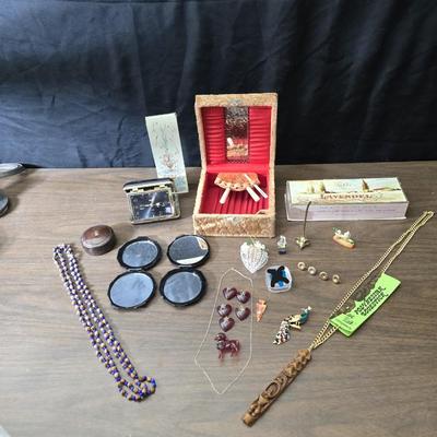 Small trinkets & collectibles - Brooch pin - vintage box with tools - necklaces - soaps - compacts and more