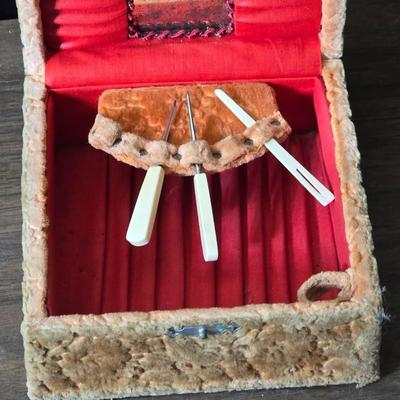 Small trinkets & collectibles - Brooch pin - vintage box with tools - necklaces - soaps - compacts and more
